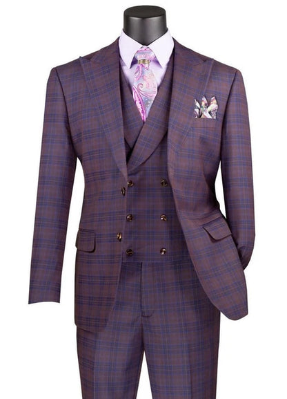 Vinci Men's Purple Plaid 3 Piece Suit Fancy Vest Modern Fit MV2W-3