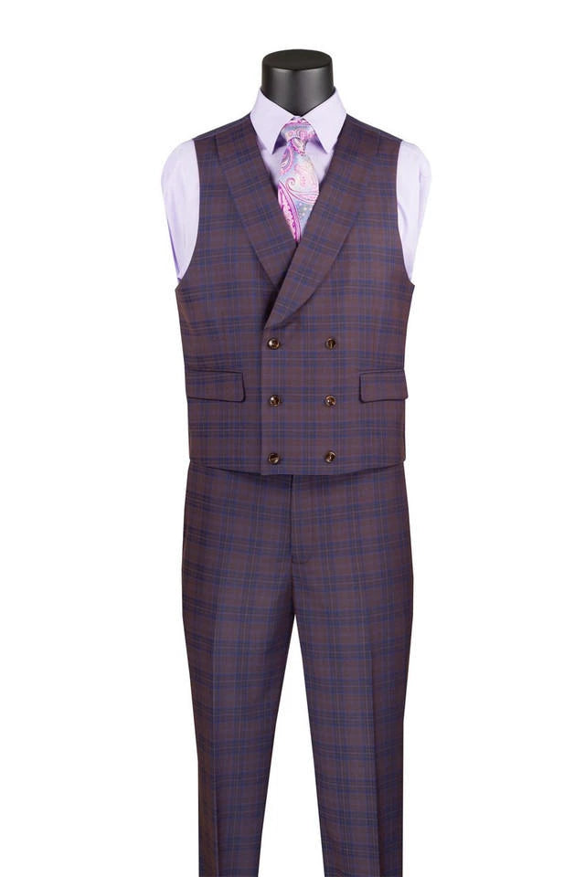 Vinci Men's Purple Plaid 3 Piece Suit Fancy Vest Modern Fit MV2W-3