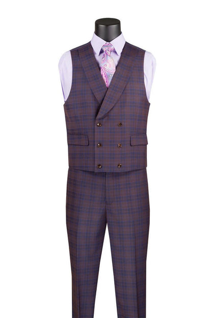 Vinci Men's Purple Plaid 3 Piece Suit Fancy Vest Modern Fit MV2W-3