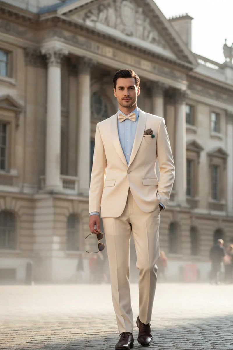 Spectrum Champagne Shawl Lapel Tuxedo – 3-Piece One Button Elegant Formal Suit