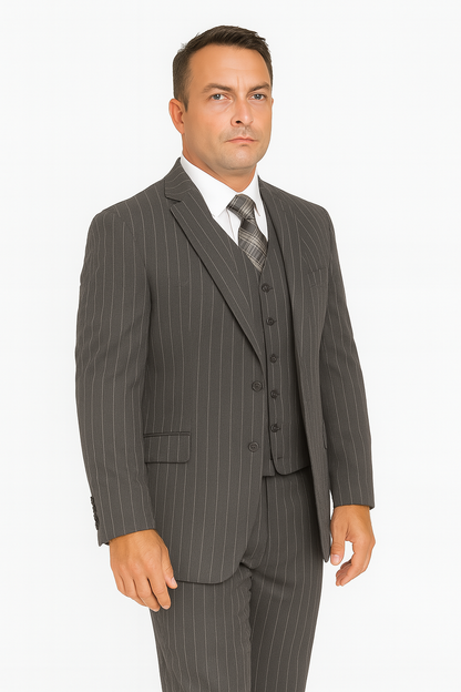 Mens Modern Fit Venetian Gatsby Suit  Charcoal Pinstripe with Vest - Banker Stripe
