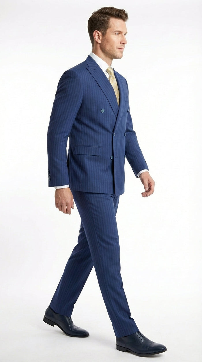 Vitali Mens Blue Tone on Tone Shadow Pinstripe Suit Set – Double Breasted Business Modern Fit Side Vented