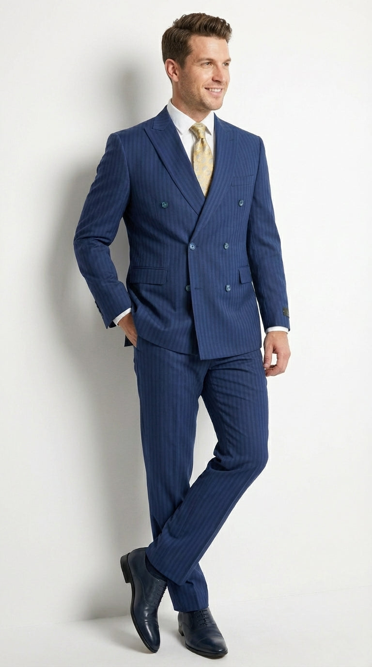Vitali Mens Blue Tone on Tone Shadow Pinstripe Suit Set – Double Breasted Business Modern Fit Side Vented