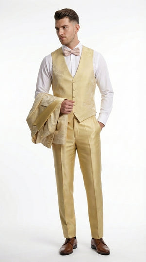 Vitali Mens Yellow Gold Designer Tuxedo Suit Set – Luxury Wedding Prom Formal Tuxedo with Vest Bow Tie in Champaign Color