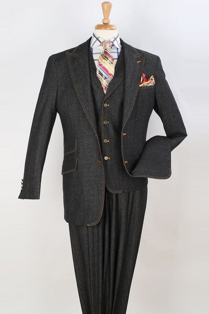 Apollo King Black Denim Suit: Two-Button Peak Lapel Vested