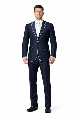 Western Suit - Cowboy Tuxedo With Trim Collar - Slim Fitted Jacket And Pants - Blue and White Tuxedo