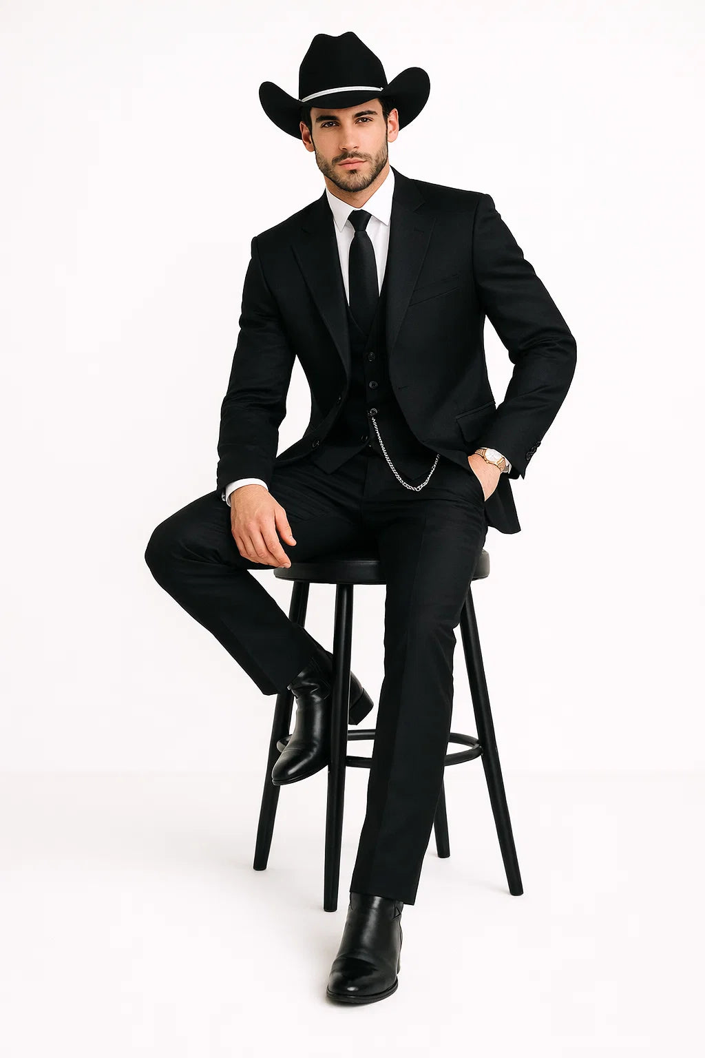 Western Suit - Trajes Para Hombres - Cowboy Formal Attire - Trajes De Novio - Four Button Black Suit