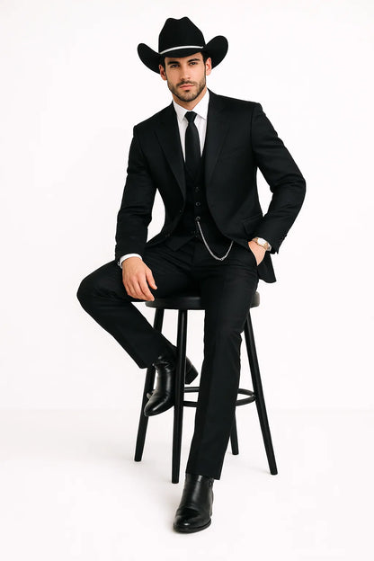 Western Suit - Trajes Para Hombres - Cowboy Formal Attire - Trajes De Novio - Four Button Black Suit