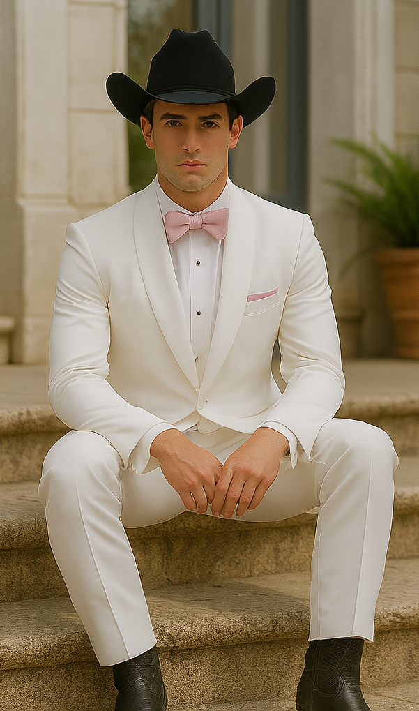 Western Suit - Trajes Para Hombres - Cowboy Formal Attire - Trajes De Novio - Notch Lapel Besom Pocket One Button White Suit
