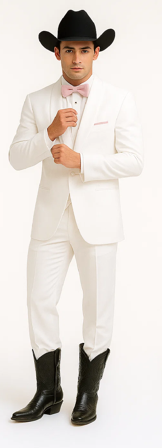 Western Suit - Trajes Para Hombres - Cowboy Formal Attire - Trajes De Novio - Notch Lapel Besom Pocket One Button White Suit