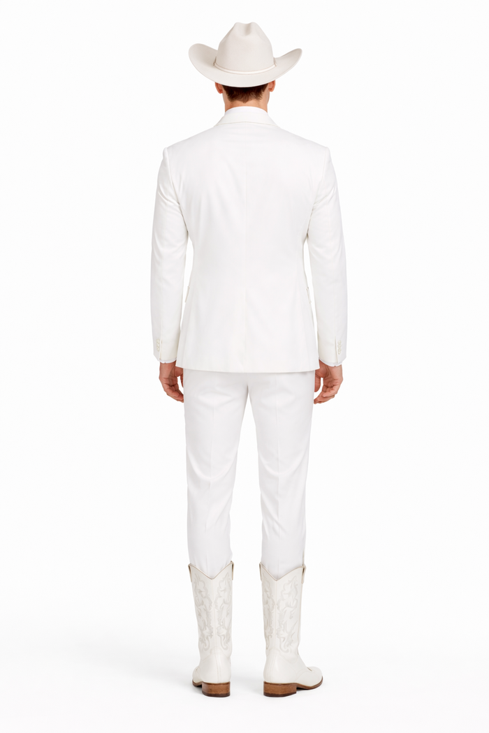 Western Suit - Trajes Para Hombres - Cowboy Formal Attire - Trajes De Novio - Notch Lapel Besom Pocket One Button White Suit