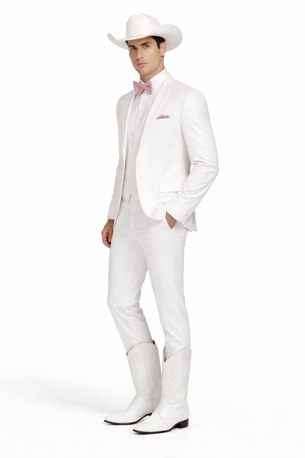Western Suit - Trajes Para Hombres - Cowboy Formal Attire - Trajes De Novio - Notch Lapel Besom Pocket One Button White Suit
