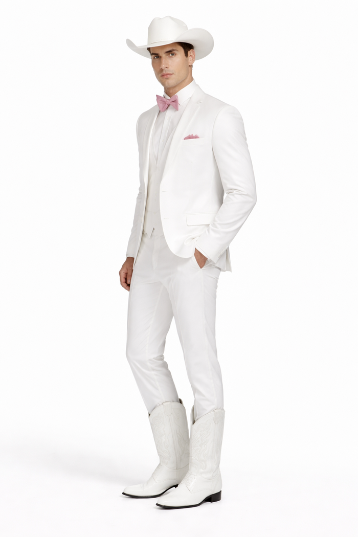 Western Suit - Trajes Para Hombres - Cowboy Formal Attire - Trajes De Novio - Notch Lapel Besom Pocket One Button White Suit