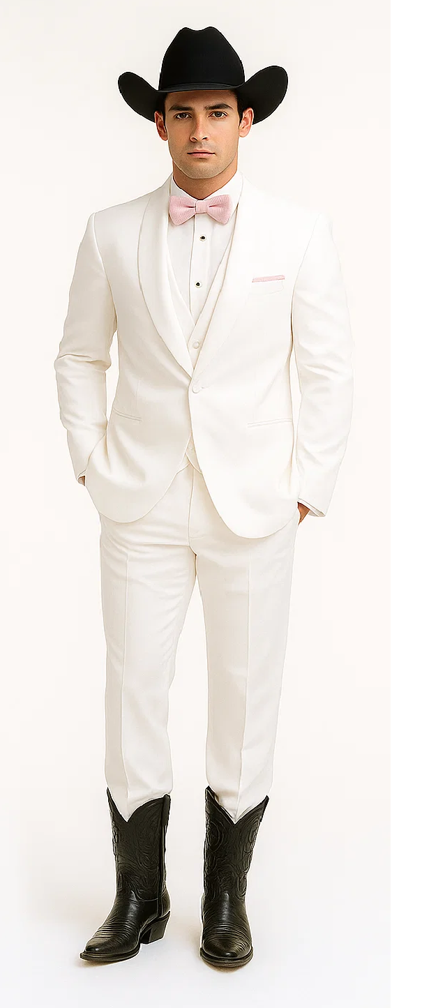 Western Suit - Trajes Para Hombres - Cowboy Formal Attire - Trajes De Novio - Notch Lapel Besom Pocket One Button White Suit