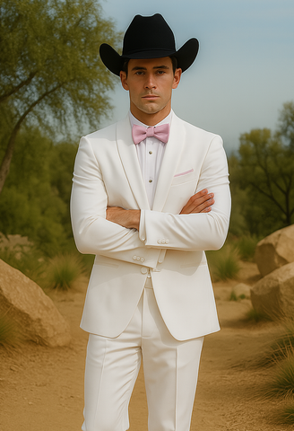 Western Suit - Trajes Para Hombres - Cowboy Formal Attire - Trajes De Novio - Notch Lapel Besom Pocket One Button White Suit