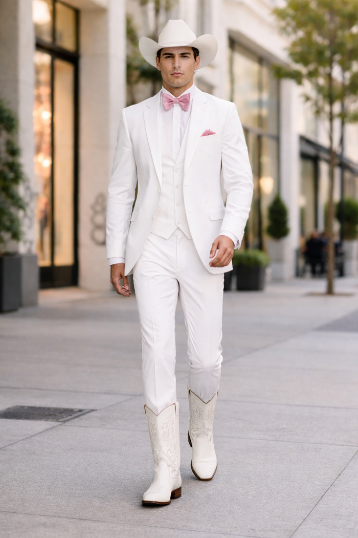 Western Suit - Trajes Para Hombres - Cowboy Formal Attire - Trajes De Novio - Notch Lapel Besom Pocket One Button White Suit