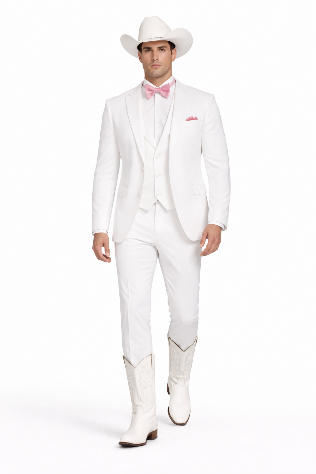 Western Suit - Trajes Para Hombres - Cowboy Formal Attire - Trajes De Novio - Notch Lapel Besom Pocket One Button White Suit