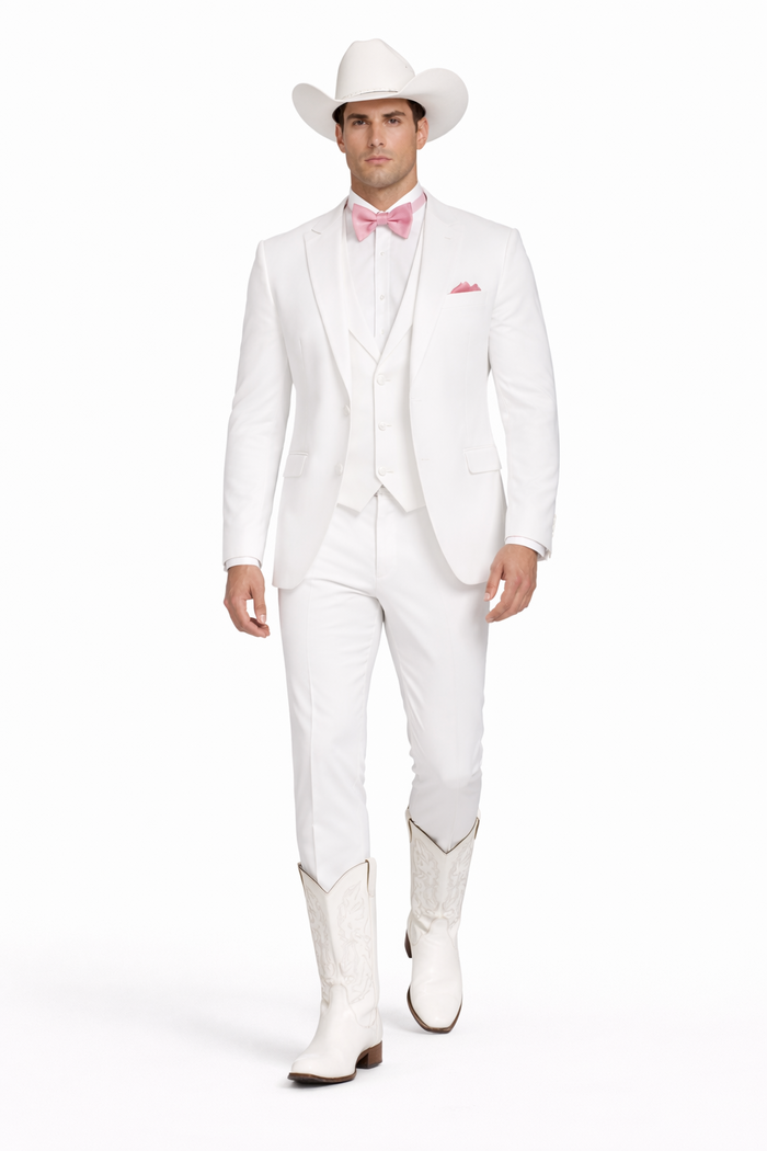 Western Suit - Trajes Para Hombres - Cowboy Formal Attire - Trajes De Novio - Notch Lapel Besom Pocket One Button White Suit