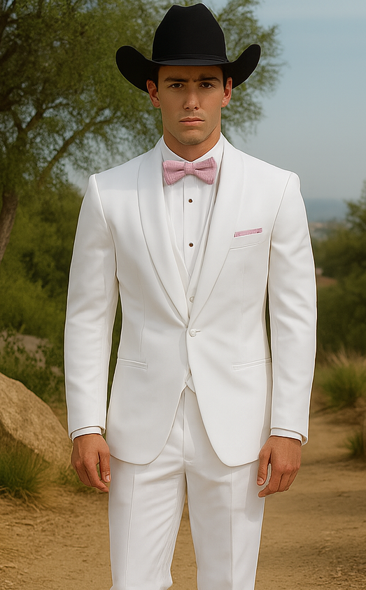 Western Suit - Trajes Para Hombres - Cowboy Formal Attire - Trajes De Novio - Notch Lapel Besom Pocket One Button White Suit