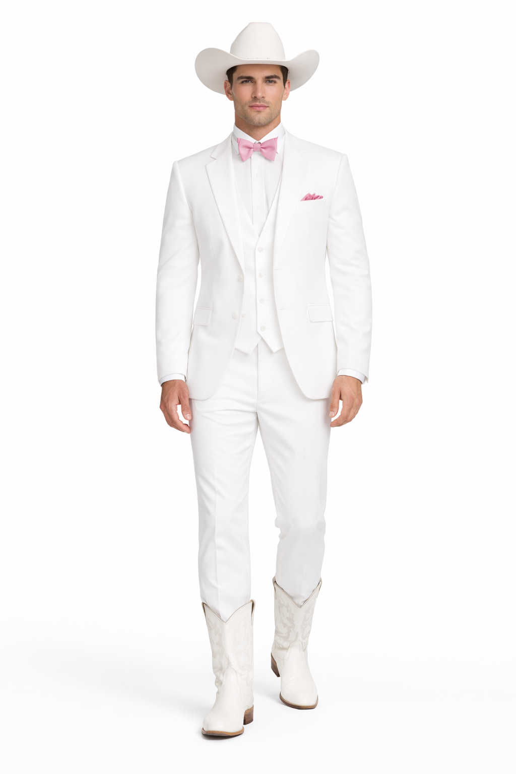 Western Suit - Trajes Para Hombres - Cowboy Formal Attire - Trajes De Novio - Notch Lapel Besom Pocket One Button White Suit
