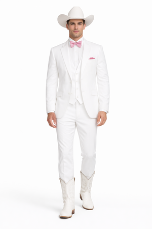 Western Suit - Trajes Para Hombres - Cowboy Formal Attire - Trajes De Novio - Notch Lapel Besom Pocket One Button White Suit