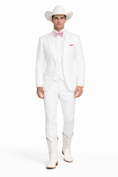 Western Suit - Trajes Para Hombres - Cowboy Formal Attire - Trajes De Novio - Notch Lapel Besom Pocket One Button White Suit