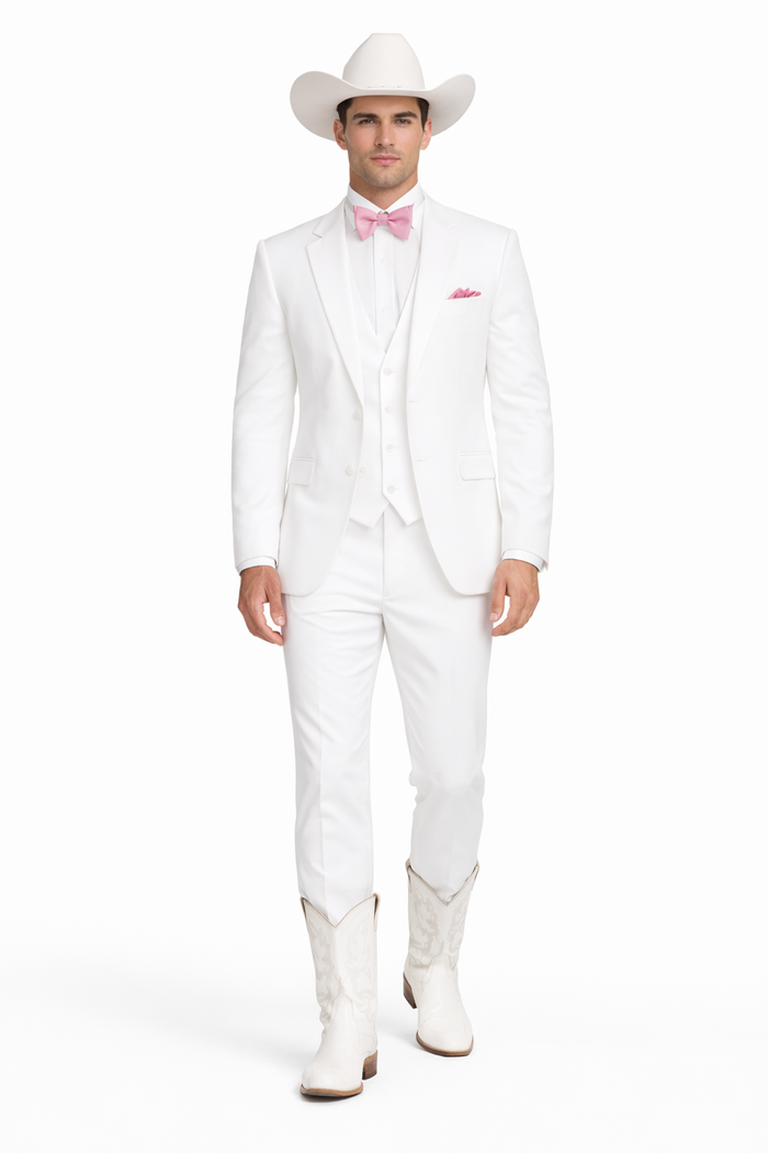 Western Suit - Trajes Para Hombres - Cowboy Formal Attire - Trajes De Novio - Notch Lapel Besom Pocket One Button White Suit