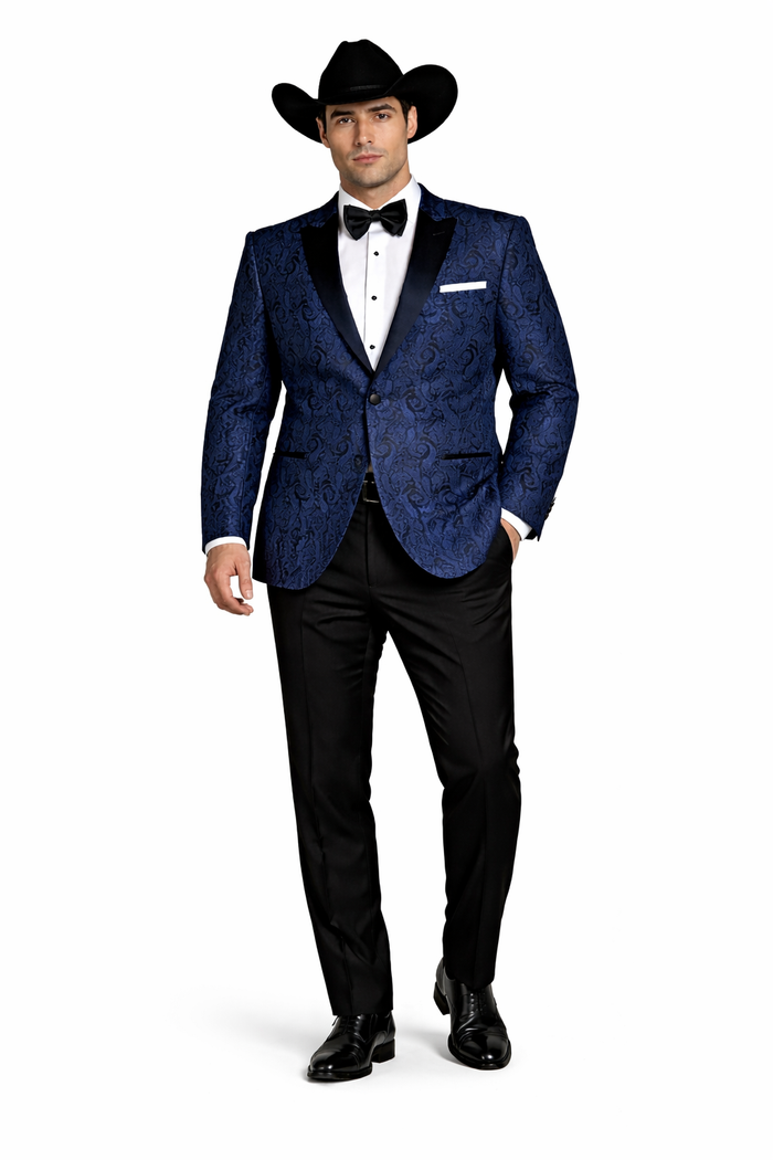 Western Suit - Trajes Para Hombres - Cowboy Formal Attire - Trajes De Novio - Peak Lapel Single Breasted Blue Suit