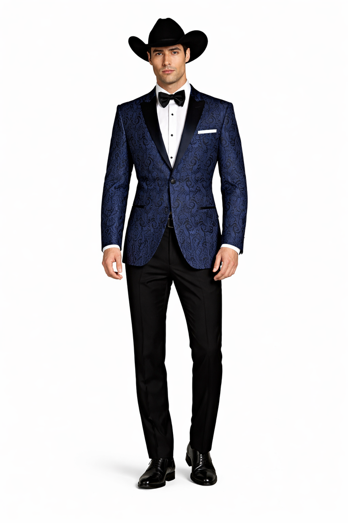 Western Suit - Trajes Para Hombres - Cowboy Formal Attire - Trajes De Novio - Peak Lapel Single Breasted Blue Suit