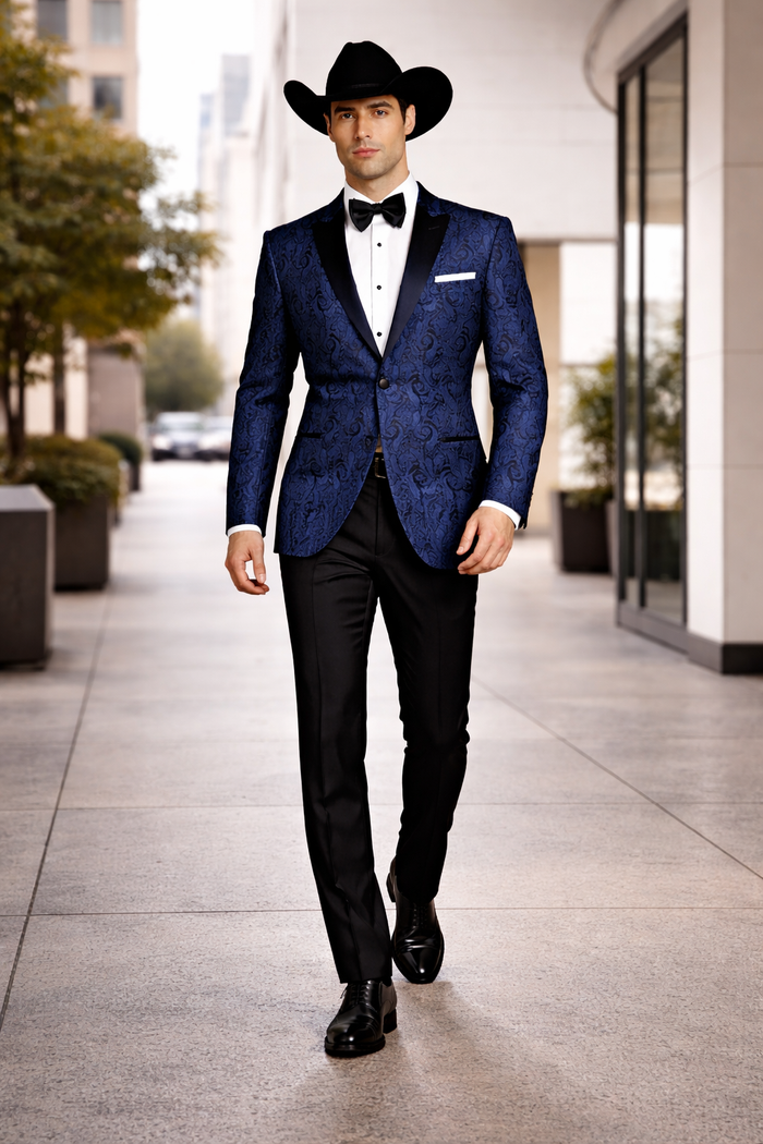 Western Suit - Trajes Para Hombres - Cowboy Formal Attire - Trajes De Novio - Peak Lapel Single Breasted Blue Suit