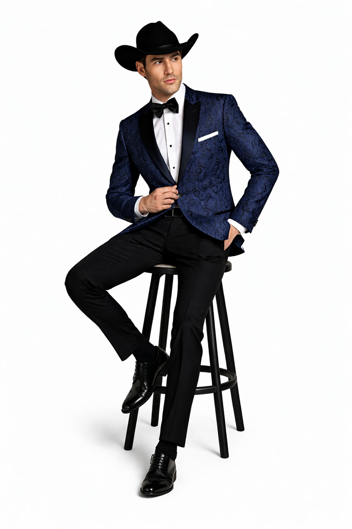 Western Suit - Trajes Para Hombres - Cowboy Formal Attire - Trajes De Novio - Peak Lapel Single Breasted Blue Suit