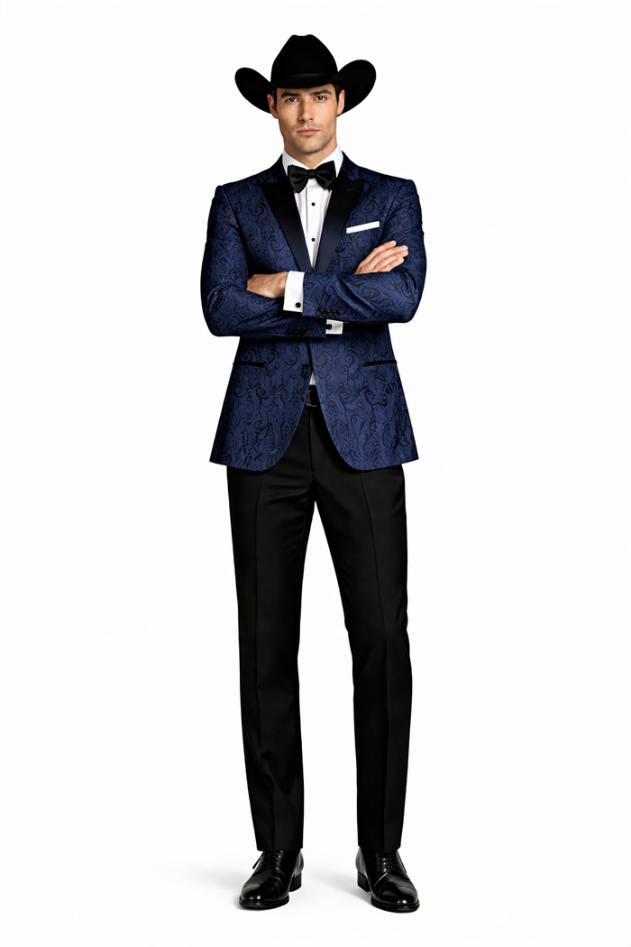 Western Suit - Trajes Para Hombres - Cowboy Formal Attire - Trajes De Novio - Peak Lapel Single Breasted Blue Suit