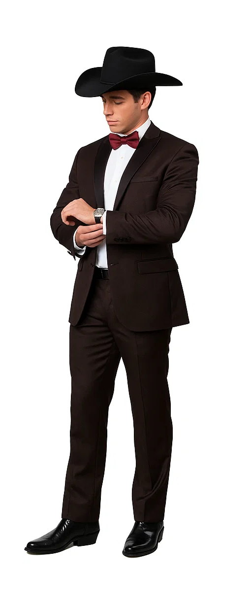 Western Suits For Wedding - Traje Para Hombre - Cowboy Suit With Trim Collar - Slim Fit Cut -  Brown Fitted Pants