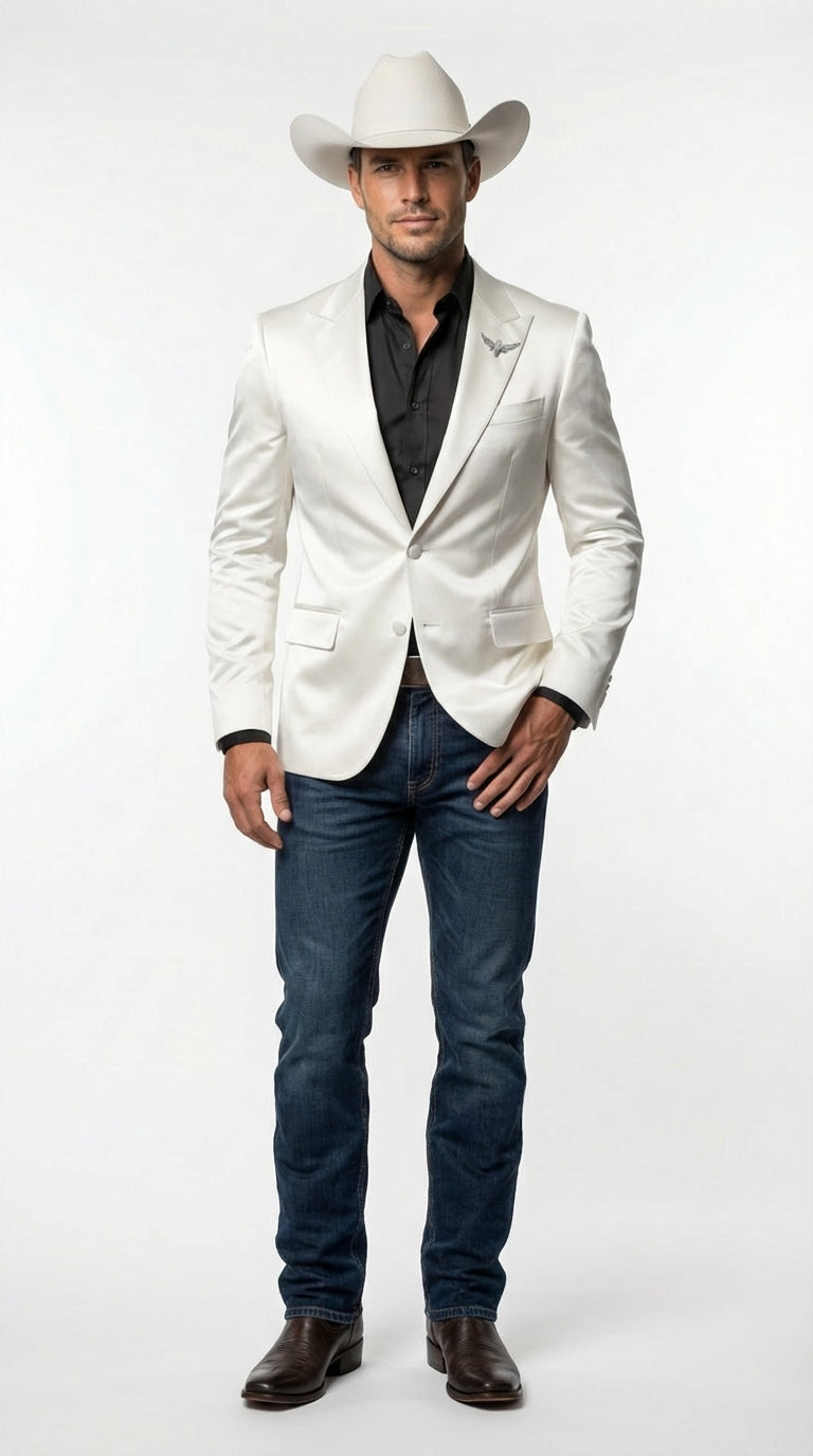 Men’s Shiny White Cowboy Blazer – Western Style Satin Finish Blazer for Party, Country Events and Evening Wear