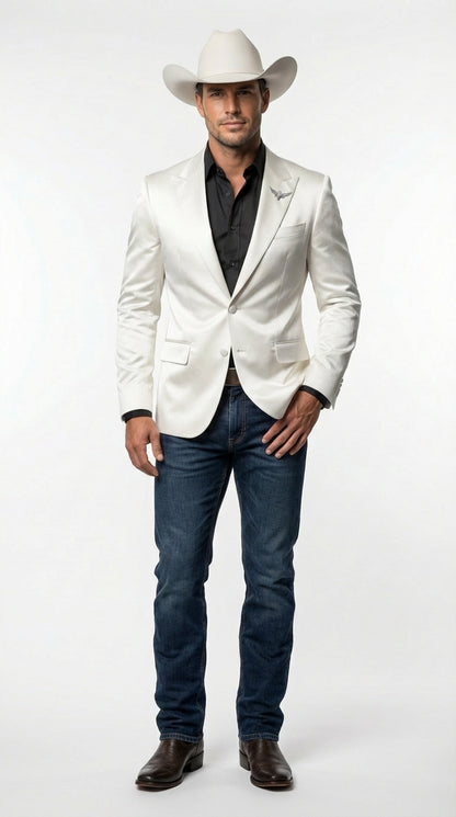 Men’s Shiny White Cowboy Blazer – Western Style Satin Finish Blazer for Party, Country Events and Evening Wear
