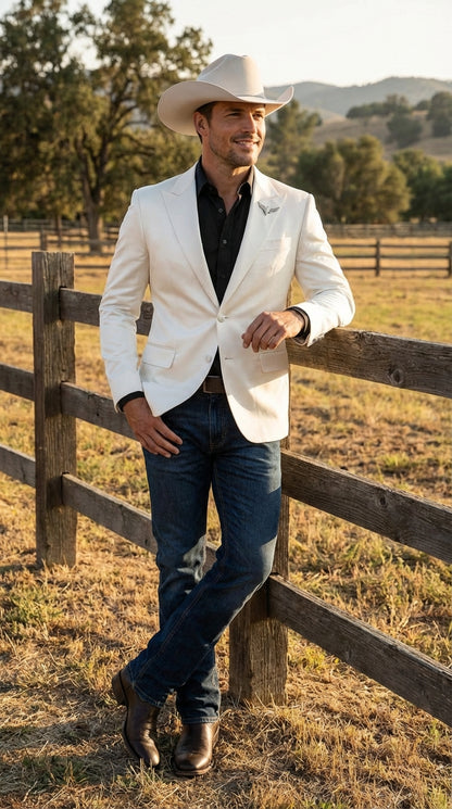 Men’s Shiny White Cowboy Blazer – Western Style Satin Finish Blazer for Party, Country Events and Evening Wear