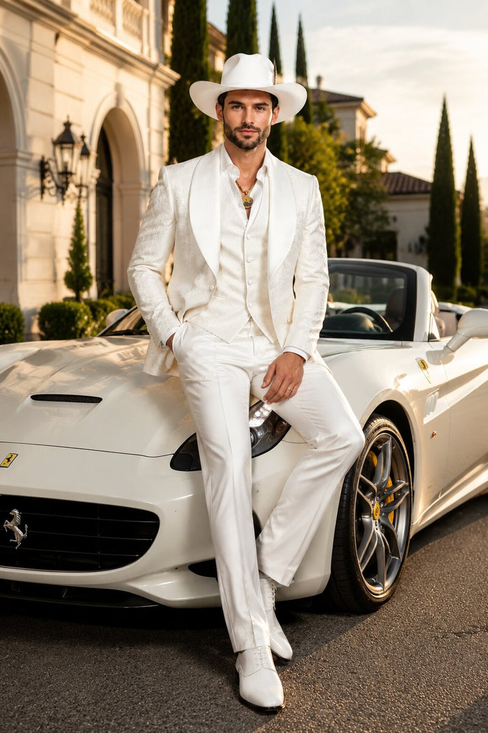 White Luxury Lace 3-Piece Suit for Men – Designer Wedding Tuxedo Set