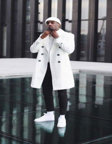 Mens White Double Breasted & Cashmere Overcoat ~ men's Car Coat Carcoat - Mid length Wool Coat