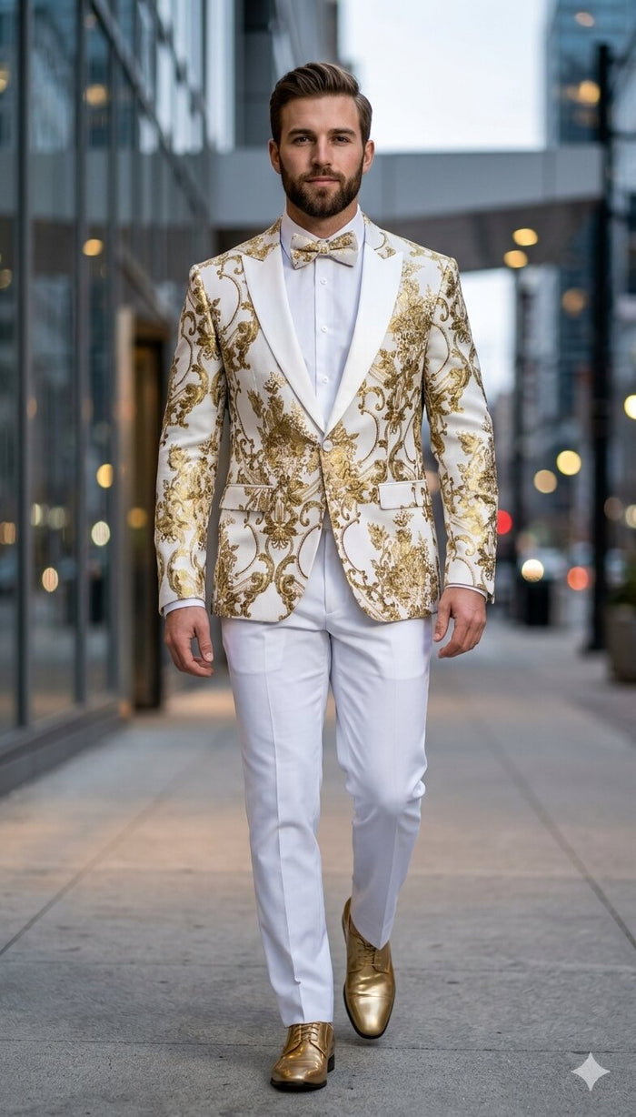 Mens White and Gold Floral Tuxedo Jacket with Satin Lapel  Luxury Prom, Wedding and Formal Dinner Blazer