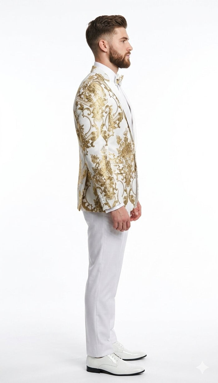 Mens White and Gold Floral Tuxedo Jacket with Satin Lapel  Luxury Prom, Wedding and Formal Dinner Blazer