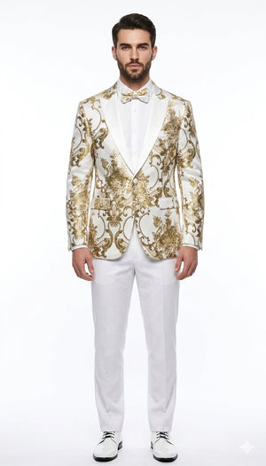 34 Mens White and Gold Floral Tuxedo Jacket with Satin Lapel Luxury Prom, Wedding and Formal Dinner Blazer 34 Mens White and Gold Floral Tuxedo Jacket with Satin Lapel Luxury Prom, Wedding and Formal Dinner Blazer