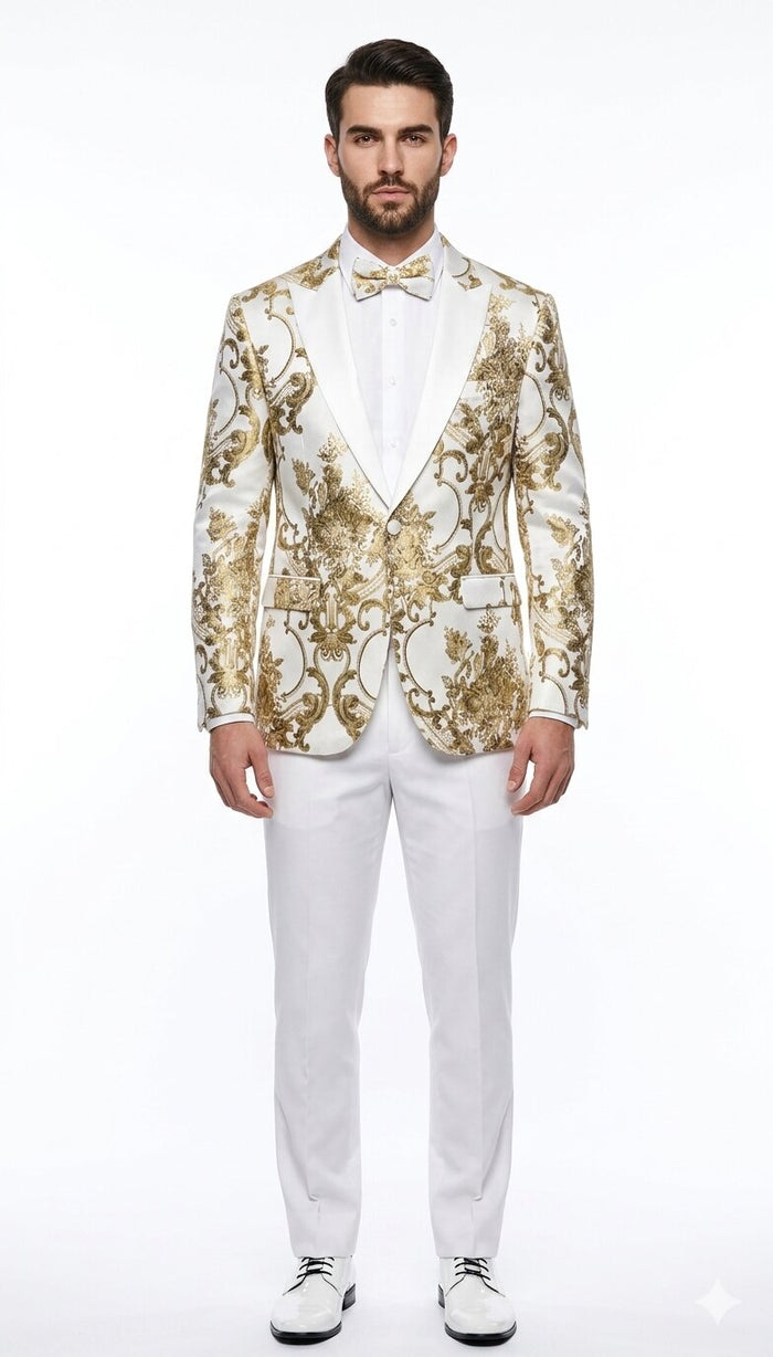 Mens White and Gold Floral Tuxedo Jacket with Satin Lapel  Luxury Prom, Wedding and Formal Dinner Blazer