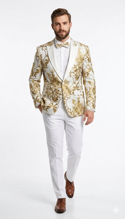 Mens White and Gold Floral Tuxedo Jacket with Satin Lapel  Luxury Prom, Wedding and Formal Dinner Blazer