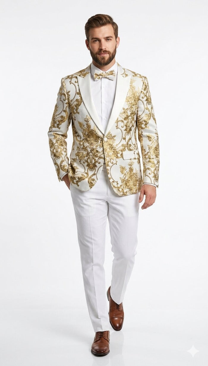 Mens White and Gold Floral Tuxedo Jacket with Satin Lapel  Luxury Prom, Wedding and Formal Dinner Blazer