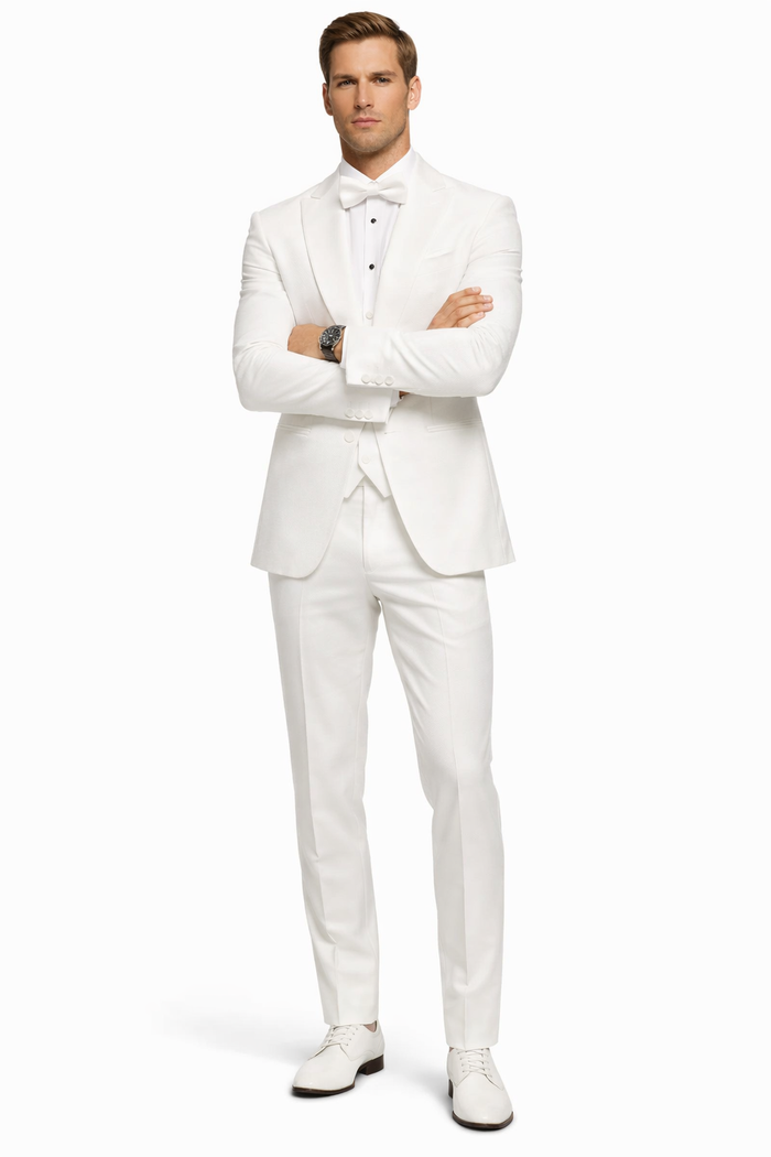 White Groom Tuxedo with Floral Lace Vest - Luxury Men's Wedding Attire