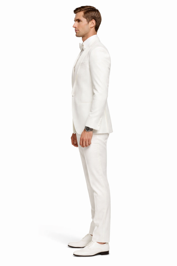 White Groom Tuxedo with Floral Lace Vest - Luxury Men's Wedding Attire