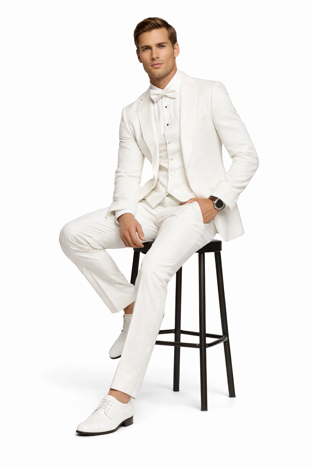 White Groom Tuxedo with Floral Lace Vest - Luxury Men's Wedding Attire