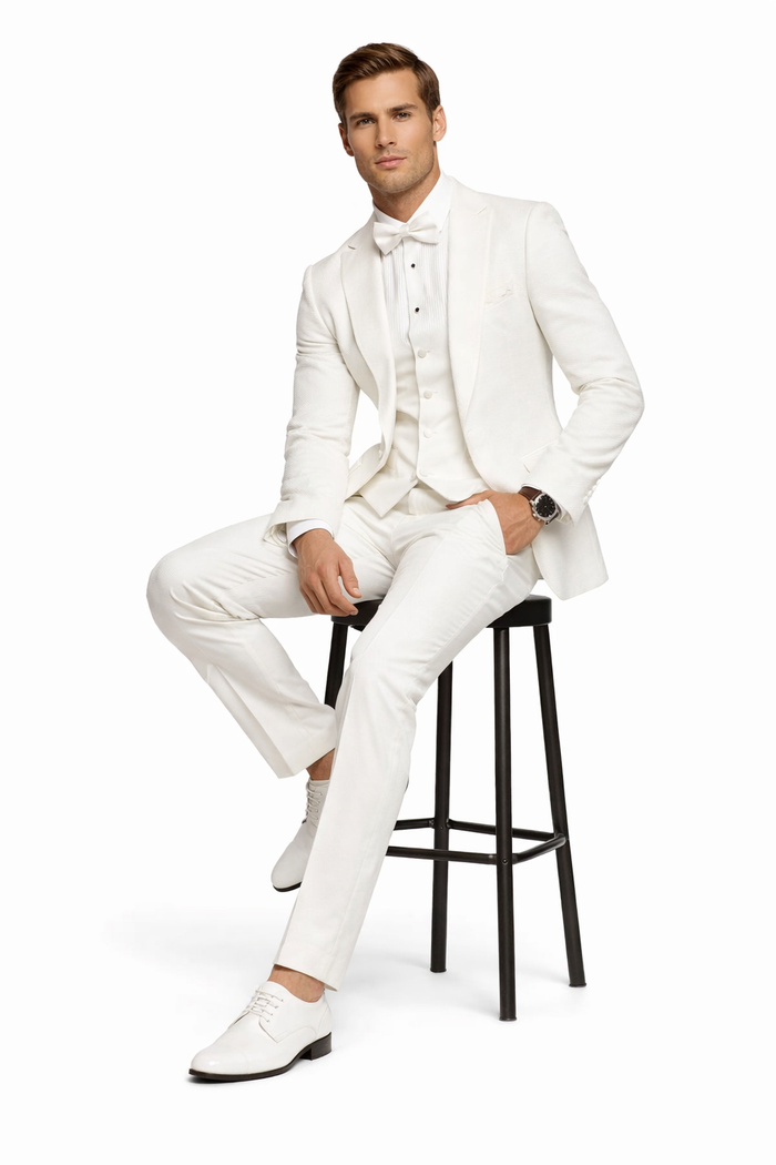 White Groom Tuxedo with Floral Lace Vest - Luxury Men's Wedding Attire