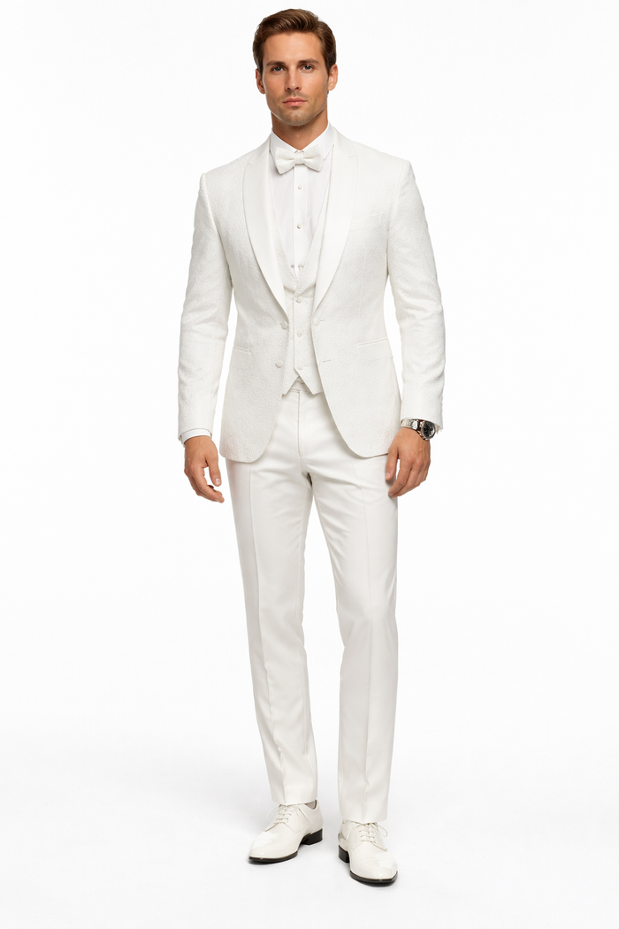 White Groom Tuxedo with Floral Lace Vest - Luxury Men's Wedding Attire