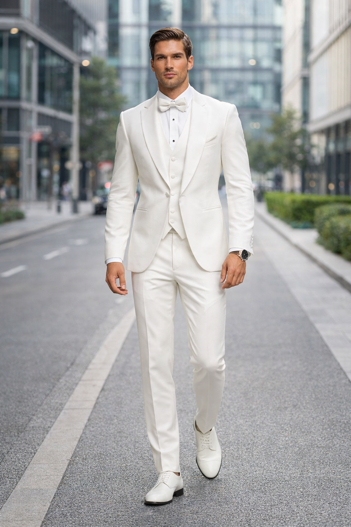White Groom Tuxedo with Floral Lace Vest - Luxury Men's Wedding Attire